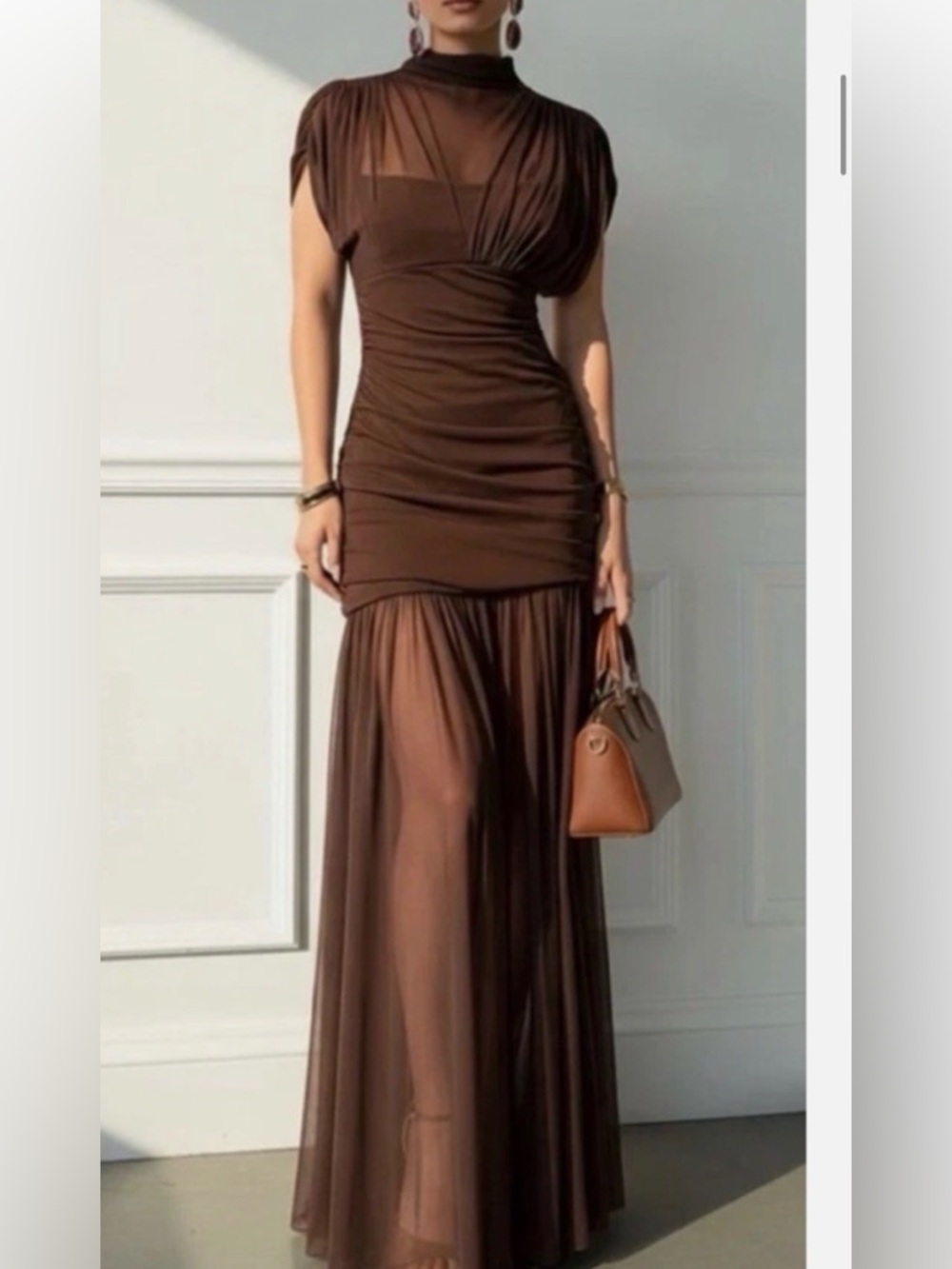 Zara Brown Draped Sheer Brown Maxi Dress with Draped Bodice